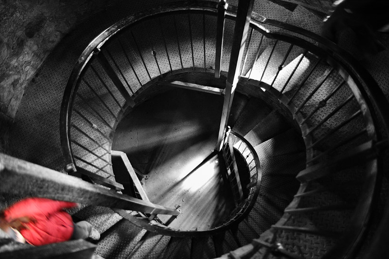 Clank: Steel spiral stairs in tower at Powerscourt Gardens, near Enniskerry, Co. Wicklow, Ireland.