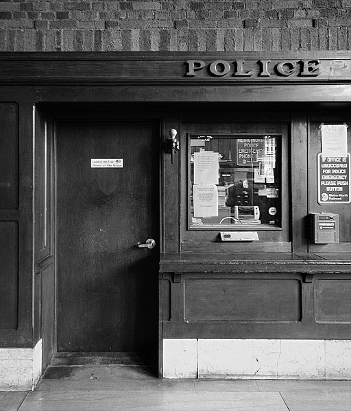 Small Print: Police office in the Poughkeepsie train station, New York state, USA.