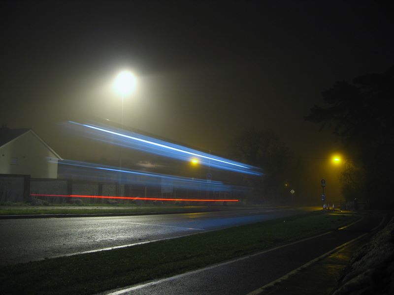 Streaks: Dublin Bus Double-Decker in the fog on Ballyogan Road, near Sandyford, Co. Dublin, Ireland.